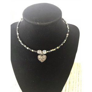 Beaded Heart Locket Necklace Silver Tone Black Seed Bead‎ Choker Jewelry